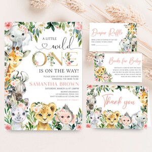 Editable A Little Wild One Jungle Baby Shower Invitation Bundle, Girl Jungle Baby Shower Invite Set, Greenery Floral Safari Baby Shower 0602 image 1