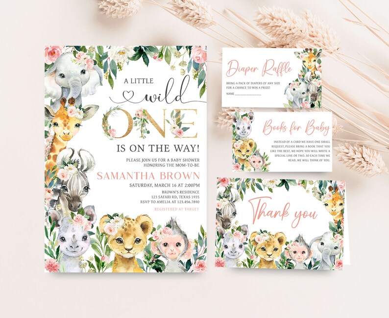 Editable A Little Wild One Jungle Baby Shower Invitation Bundle, Girl Jungle Baby Shower Invite Set, Greenery Floral Safari Baby Shower 0602 image 1