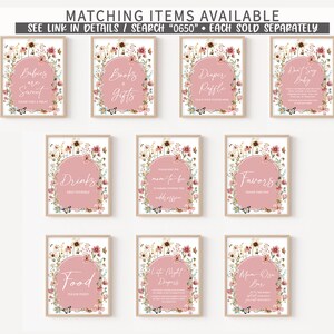 May include: A set of ten printable signs for a baby shower. The signs are decorated with pink flowers and butterflies. The signs include: Babies are Sweet, Books & Gifts, Diaper Raffle, Don't Say Baby, Drinks, Mom-to-be Address, Favors, Food, Late Night Diapers, and Mom-osa Bar.