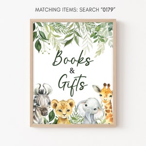 Jungle Baby Shower Bücher und Geschenke Schild Safari Tiere Baby Shower Geschenke Tischschild Safari Printable Schild Greenery Dekoration Vorlage 0179