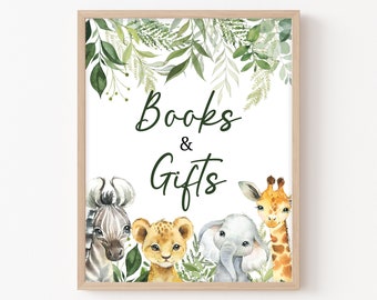 Jungle Baby Shower Books and Gifts Sign Safari Animals Baby Shower Gifts Table Sign Safari Printable Sign Greenery Decoration Template 0179