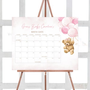 Bearbeitbarer Mädchen-Bär-Ballon-Babyparty-Fälligkeitsdatumskalender, wir können Bären-Babypartykalender warten, rosa Teddybär-Geburtstagsvorhersage 0422