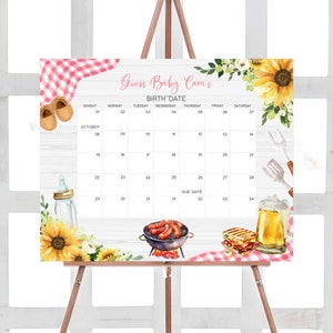Bearbeitbarer Sonnenblumen-Rosa-Baby-Q-Babyparty-Fälligkeitskalender, Mädchen-Grill-Babypartykalender, Blumen-Garten-Picknick-Babyparty-Spiel, 0820