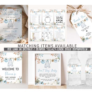 various baby shower items, including a floral-themed baby shower invitation, a baby shower game, a baby shower thank-you card, and a baby shower water bottle. The items are arranged in a collage format, with a central image of a baby shower invitation surrounded by smaller images of the same items.