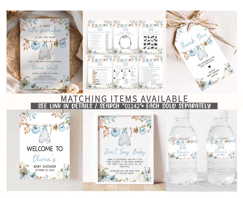 various baby shower items, including a floral-themed baby shower invitation, a baby shower game, a baby shower thank-you card, and a baby shower water bottle. The items are arranged in a collage format, with a central image of a baby shower invitation surrounded by smaller images of the same items.