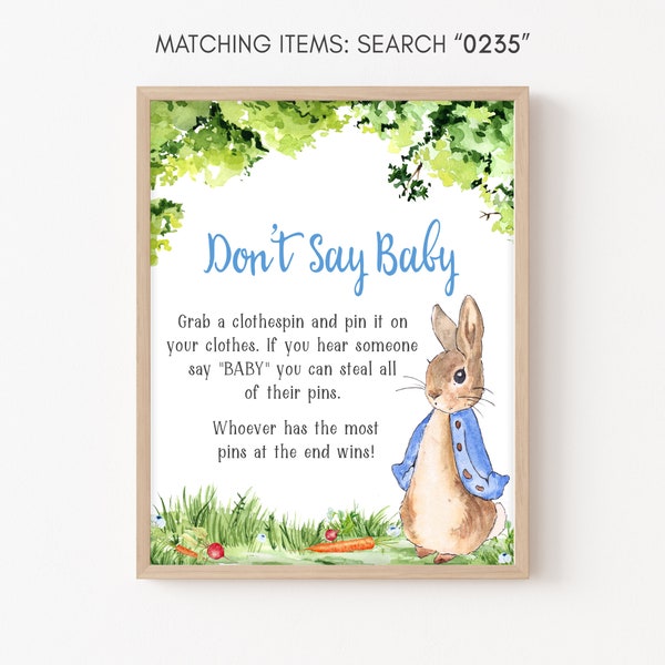 Don't Say Baby Sign Peter Rabbit Baby Shower, Blue Bunny Baby Shower Dont Say Baby Sign, Rustic Peter Rabbit Decor Printable Template 0235