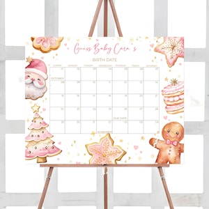 Editable Girl Christmas Cookie Baby Shower Due Date Calendar, Pink Gingerbread Baby Shower Calendar, Pink A Little Cookie Baby Shower, 0574 image 1