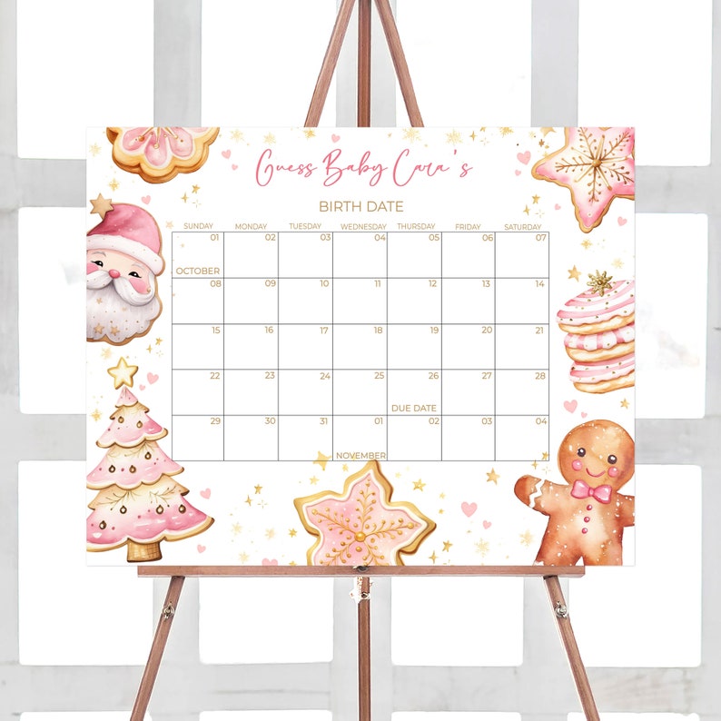 Editable Girl Christmas Cookie Baby Shower Due Date Calendar, Pink Gingerbread Baby Shower Calendar, Pink A Little Cookie Baby Shower, 0574 image 1