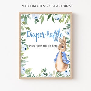 Diaper Raffle Sign, Blue Peter Rabbit Baby Shower Diaper Raffle Sign, Rustic Greenery Boy Bunny Baby Shower Decoration, Printable 0175