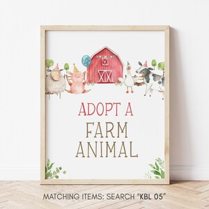 May include: A watercolor illustration of a red barn with a white X on the side. There are five farm animals in front of the barn, including a sheep, pig, goose, cow, and a chicken. The animals are wearing party hats and there is a blue balloon in the air. The text "Adopt a Farm Animal" is written below the animals.