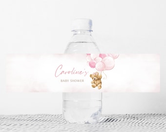 Editable Girl Bear Balloon Baby Shower Bottle Label We Can Bearly Wait Baby Shower Water Label Pink Teddy Bear Bottle Stickers Template 0422