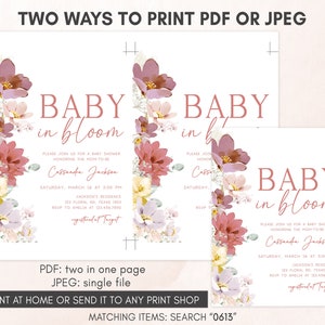 Editable Baby in Bloom Baby Shower Invitation, Spring Flowers Baby Shower Invite, Pink Florals Girl Baby Shower Invitation Template, 0613 image 3