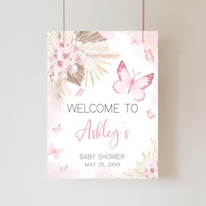 Bearbeitbares Rosa Schmetterlings-Babyparty-Willkommensschild, Boho-Blumen-Babyparty-Willkommensplakat, Mädchen Pampas Grass-Schmetterlings-Babypartyschild, 0689
