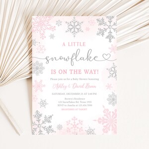 Bearbeitbares Rosa Eine kleine Schneeflocke-Babyparty-Einladungspaket, Mädchen-Winter-Schneeflocke-Babyparty-Einladungssatz, Winter-Babyparty-Einladung 0536 Bild 3