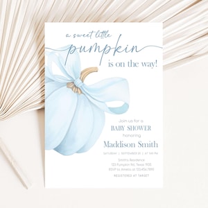 Editable Sweet Little Pumpkin Baby Shower Invitation, Blue Bow Pumpkin Fall Baby Shower Invite, Autumn Pumpkin Boy Baby Shower Invite, 01128
