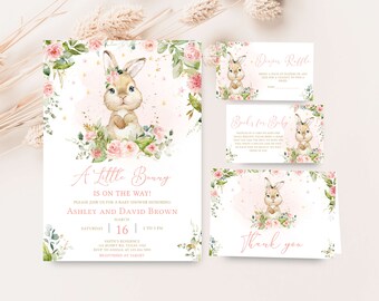 Editable Bunny Girl Baby Shower Invitation Bundle, Pink Floral Baby Shower Invite Set, A Little Bunny Rabbit Spring Baby Shower Invite, 0624
