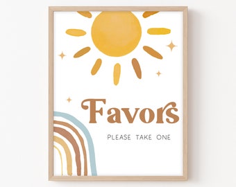 Here Comes the Son Baby Shower Favors Sign, Sunshine Baby Shower Favors Table Sign, Retro Boho Sunshine Sign Groovy Printable Template 0385
