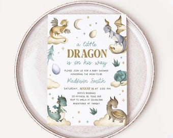 May include: A baby shower invitation with a blue and green dragon illustration. The invitation reads "a little dragon is on his way" and includes the date, time, and location of the event.