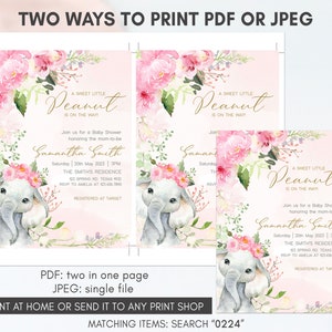 May include: A pink and green baby shower invitation with a floral design and two elephants wearing flower crowns. The invitation says "A Sweet Little Peanut is on the way!" and includes the name "Samantha Smith".