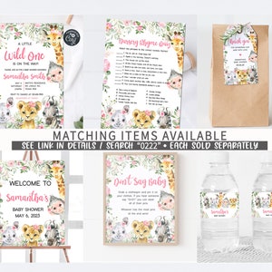 May include: A set of printable baby shower decorations with a jungle animal theme. The set includes a welcome sign, a game card, a favor bag, and water bottle labels. The decorations feature a pink and green color scheme with illustrations of a giraffe, zebra, lion, and monkey.