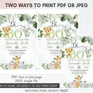 May include: Two printable baby shower invitations with a jungle theme. The invitations feature a green and white background with illustrations of a lion, elephant, giraffe, monkey, and rhino. The text on the invitations reads "Oh Boy" and includes the date, time, and location of the shower. The invitations are available in PDF and JPEG formats.