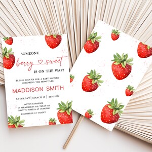 Editable Strawberry Baby Shower Invitation Bundle, Minimalist Red Strawberry Baby Shower Invite Set, Berry Sweet Baby Shower Invite, 0631 image 2
