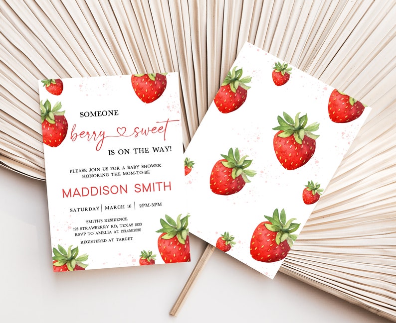 Editable Strawberry Baby Shower Invitation Bundle, Minimalist Red Strawberry Baby Shower Invite Set, Berry Sweet Baby Shower Invite, 0631 image 2