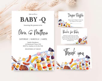 Bewerkbare Baby-Q babyshower uitnodigingsbundel, blauwe pastel achtertuin BBQ babyshower uitnodigingsset, koppels picknick babyshower uitnodiging, 01052