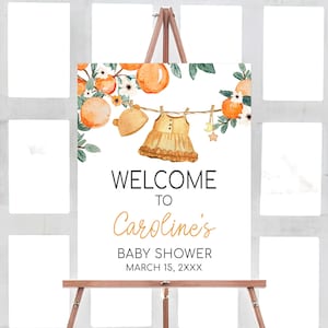 Bearbeitbar A Little Cutie ist auf dem Weg Babyparty Willkommensschild, Orange Babyparty Willkommensplakat, Babykleidung Citrus Babyparty, 01003