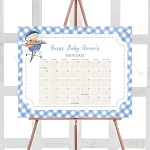 Bearbeitbarer Junge Baby-Q Babyparty Fälligkeitsdatumskalender, Blauer BBQ Babypartykalender, Brötchen im Ofen, Burger auf dem Grill Babyankunft, 0742