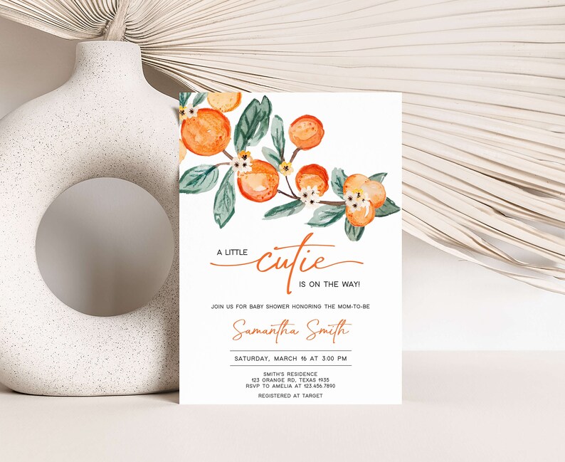Editable A Little Cutie Baby Shower Invitation, Greenery Orange Baby Shower Invite, Neutral Cutie on the Way Baby Shower Invitation, 0660 image 1