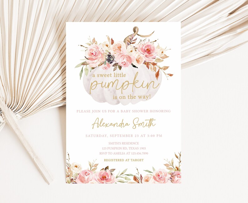 Pumpkin on Fall Theme with Pink Flowers Baby Shower Invitation