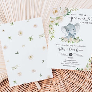 Editable Gender Neutral Elephant Baby Shower Invitation, Floral Elephant Baby Shower Invite, Elephant Greenery Baby Shower Invitation, 0620 image 2
