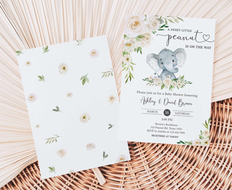 Editable Gender Neutral Elephant Baby Shower Invitation, Floral Elephant Baby Shower Invite, Elephant Greenery Baby Shower Invitation, 0620 image 2