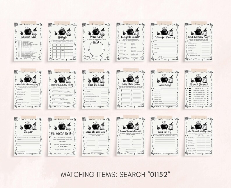 a collection of black and white papers or sheets with various titles and questions, likely intended for a game or activity. The titles include "Old Water," "Bag," "Draw Baby," "Fairy Tale Parenting," "What Was the Baby's Meal?" and "My Little Baby Broccoli." The questions cover a range of topics, such as the baby's meal, the baby's age, and the baby's interests. The image does not contain any text that can be described in detail, and the phrases used are not repetitive or overly descriptive.