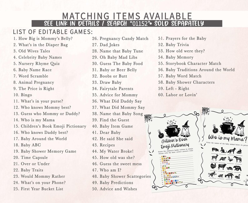 a list of editable games available, along with details and prices for each game. The list includes games such as "What's in Mommy's Belly?" and "Prayers for the Baby." The image also includes a separate page with a list of items available, such as "List of editable games" and "List of editable games" with details and prices.