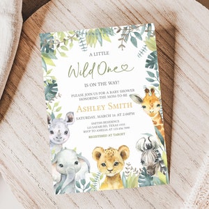 Editable Wild One Baby Shower Invitation Bundle, Jungle Safari Baby Shower Invite Set, Greenery Safari Animals Baby Shower Invite Pack, 0648 image 3