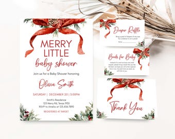 May include: A collection of baby shower stationery with a Christmas design. The main invitation card reads "Merry Little Baby Shower" with event details. Accompanying cards include "Diaper Raffle," "Books for Baby," and a "Thank You" card, all with festive red bow accents.