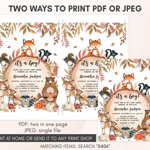 May include: Woodland-themed baby shower invitations. The design includes the text "it's a boy!" on a wooden log, surrounded by illustrations of foxes, deer, bears, and other forest animals. Available in PDF and JPEG formats, with the option to print at home.