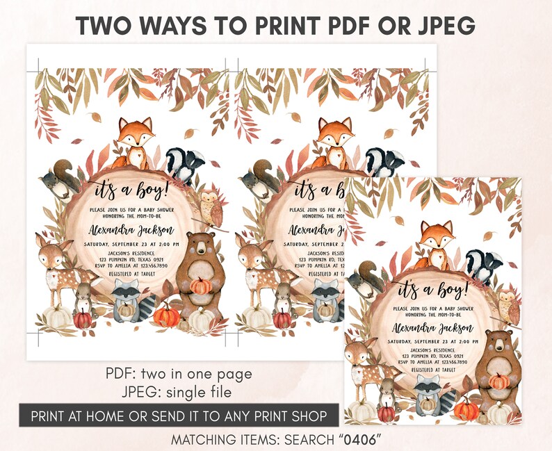May include: Woodland-themed baby shower invitations. The design includes the text "it's a boy!" on a wooden log, surrounded by illustrations of foxes, deer, bears, and other forest animals. Available in PDF and JPEG formats, with the option to print at home.