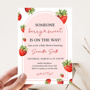Invitación editable al baby shower de fresa, invitación al baby shower dulce de baya, invitación al baby shower de fresa roja, invitación al primer bebé de Berry, 0616 imagen 1
