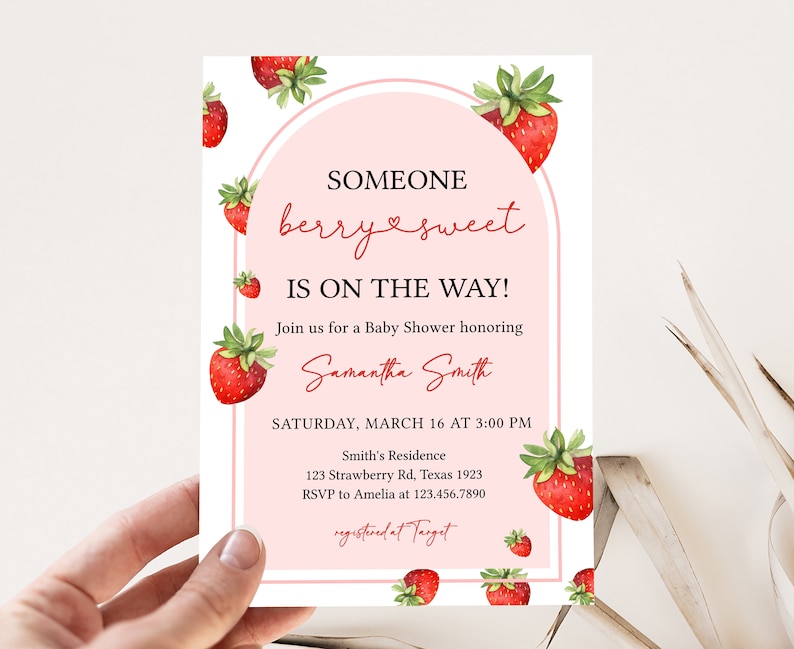 Invitación editable al baby shower de fresa, invitación al baby shower dulce de baya, invitación al baby shower de fresa roja, invitación al primer bebé de Berry, 0616 imagen 1