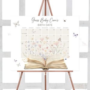 Bearbeitbar Ein neues Kapitel beginnt mit der Babyparty Fälligkeitsdatumskalender, Storybook-Babypartykalender, Schmetterling Wildblumen Geburtstagsvorhersage, 01034