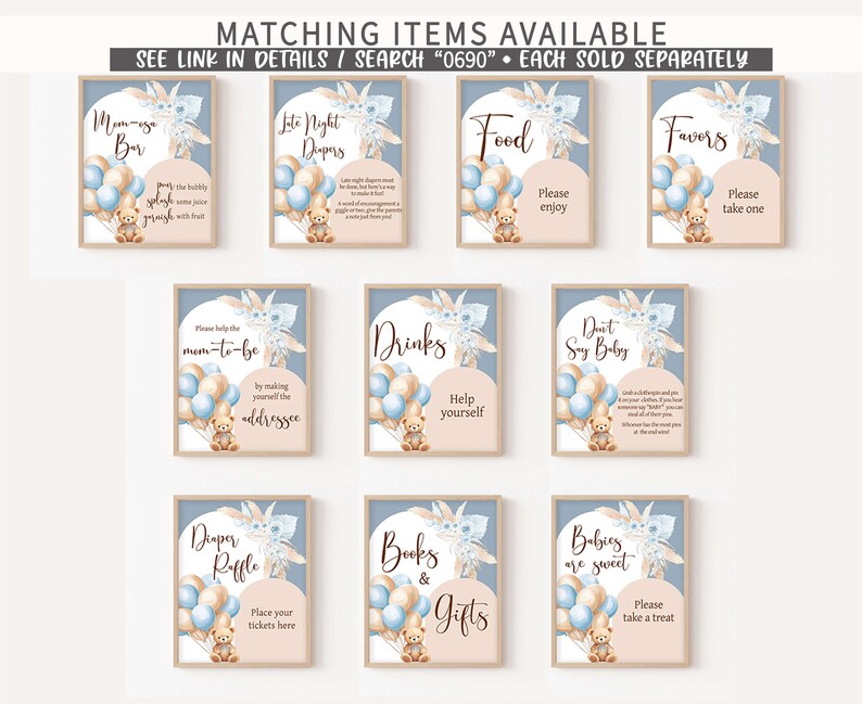 May include: Set of 10 printable baby shower signs with a blue and brown color scheme. The signs feature a teddy bear holding balloons and text such as "Mum-to-be Bar", "Late Night Diapers", "Food", "Favors", "Drinks", "Don't Say Baby", "Diaper Raffle", "Books & Gifts", and "Babies are Sweet".