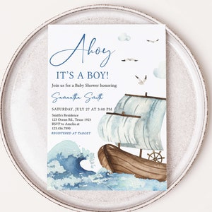 Editable Blue Nautical Baby Shower Invitation, Ahoy It&#39;s a Boy Baby Shower Invite, Nautical Sailboat Baby Shower Invitation Template 0782