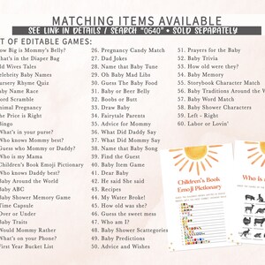May include: A printable set of baby shower games with a yellow sun and a pink and yellow color scheme. The games include "How Big is Mommy's Belly?", "What's in the Diaper Bag", "Old Wives Tales", "Celebrity Baby Names", "Nursery Rhyme Quiz", "Baby Name Race", "Word Scramble", "Animal Pregnancy", "The Price is Right", "Bingo", "What's in your purse?", "Who knows Mommy best?", "Guess who Mommy or Daddy?", "Who is my Mama", "Children's Book Emoji Pictionary", "Who knows Daddy best?", "Baby Around the World", "Baby ABC", "Baby Shower Memory Game", "Time Capsule", "Over or Under", "Baby Traits", "Would Mommy Rather", "What's on your Phone?", "First Year Bucket List", "Pregnancy Candy Match", "Dad Jokes", "Name that Baby Tune", "Oh Baby Mad Libs", "Guess The Baby Food", "Baby or Beer Belly", "Boobs or Butt", "Draw Baby", "Fairytale Parents", "Advice for Mommy", "What Did Daddy Say", "What Did Mommy Say", "Name that Baby Song", "Find the Guest", "Baby Item Game", "Dear Baby", "He said She said", "Recipes", "My Water Broke!", "How old was she?", "Guess the sweet mess", "Who am I?", "Baby Shower Scattegories", "Baby Predictions", "Advice and Wishes", "Prayers for the Baby", "Baby Trivia", "How old were they?", "Baby Memory", "Storybook Character Match", "Baby Traditions Around the World", "Baby Word Match", "Baby Shower Characters", "Left - Right", "Labor or Lovin'".