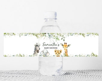 Editable Wild One Safari Baby Shower Bottle Label, Jungle Baby Shower Water Label, Greenery Animals Bottle Stickers Printable Template 0387