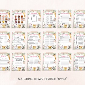 May include: A set of 12 printable baby shower game cards featuring a jungle theme with pink, green, and brown colors. The cards have a variety of games, including "Guess the Baby Food", "Who Knows Mommy Best", and "Baby Word Scramble".
