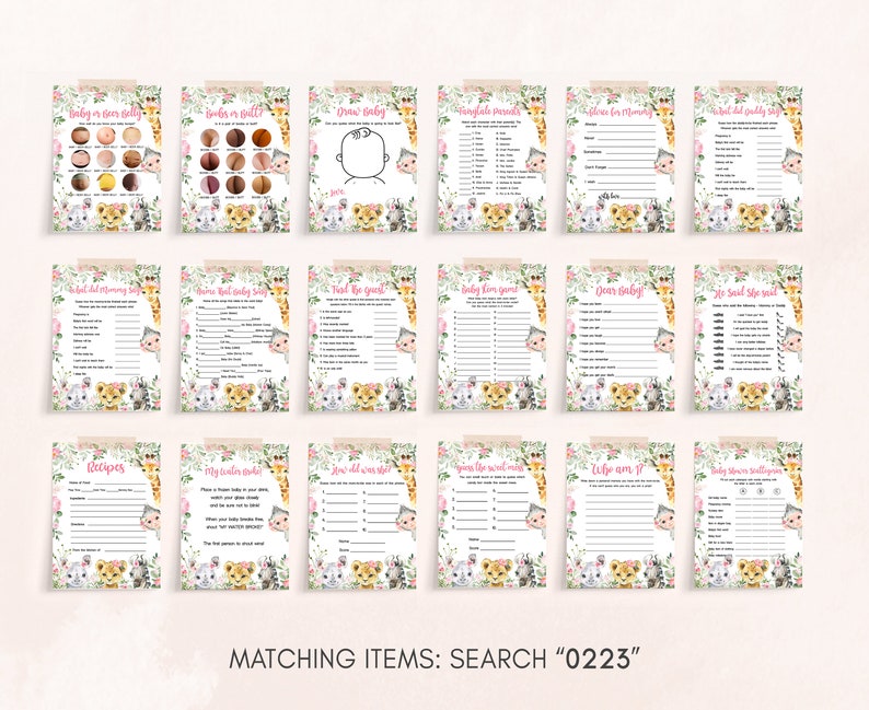 May include: A set of 12 printable baby shower game cards featuring a jungle theme with pink, green, and brown colors. The cards have a variety of games, including "Guess the Baby Food", "Who Knows Mommy Best", and "Baby Word Scramble".