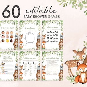 Paquete editable de juegos de baby shower de Woodland, paquete de juegos de baby shower de animales de bosque verde, plantilla de juegos de baby shower de animales del bosque 0400